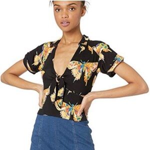 Free People Black Top with Vibrant Butterfly Design